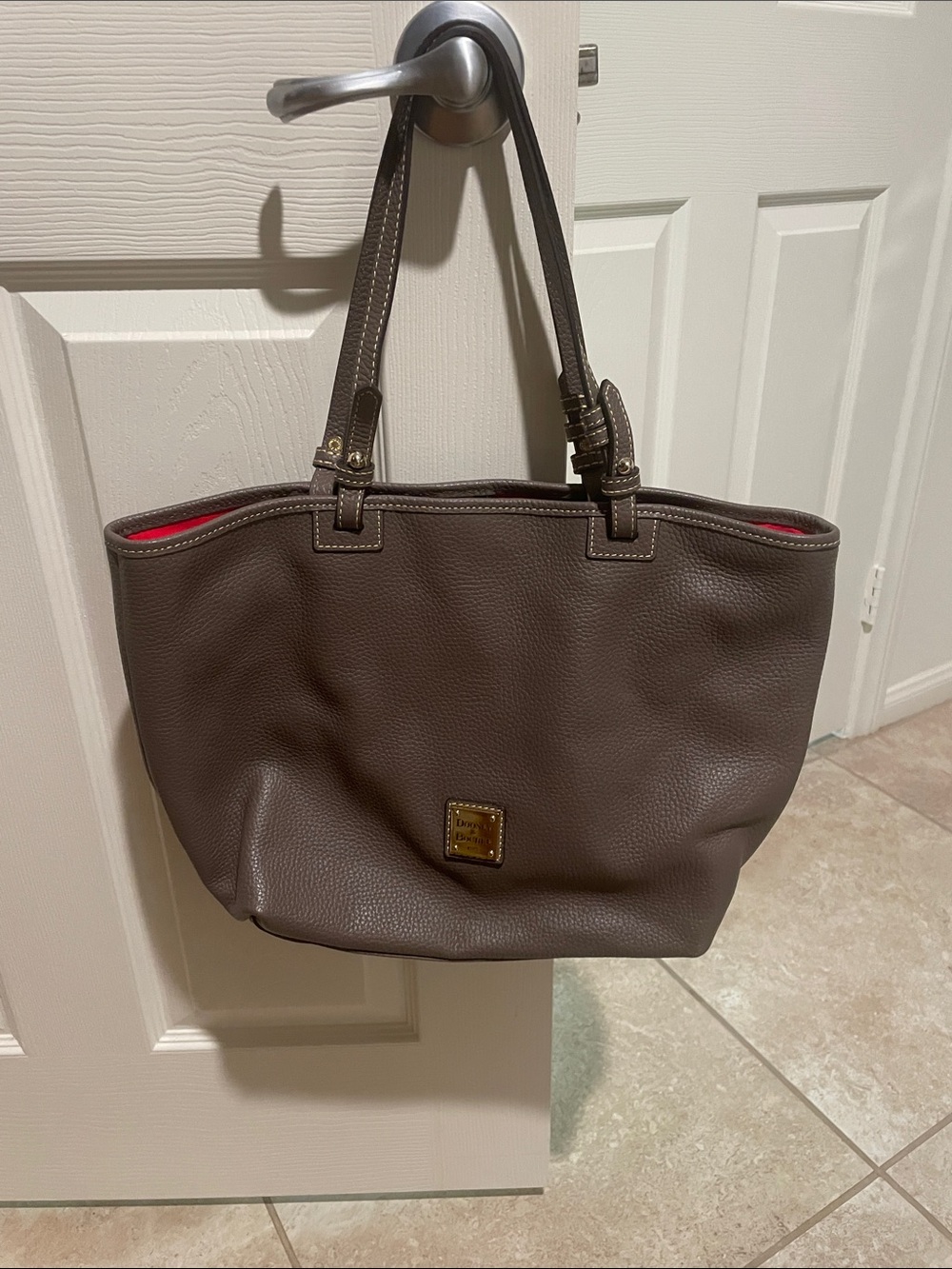 Dooney & Bourke Brown Pebbled Leather Tote with Red Interior